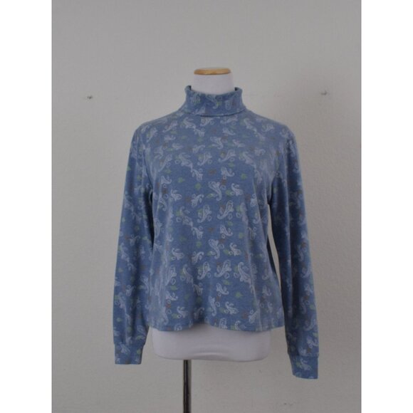 Vintage 00s Blue Paisley Floral Turtle Neck Cotton/Poly shirt | size XL - Picture 9 of 10